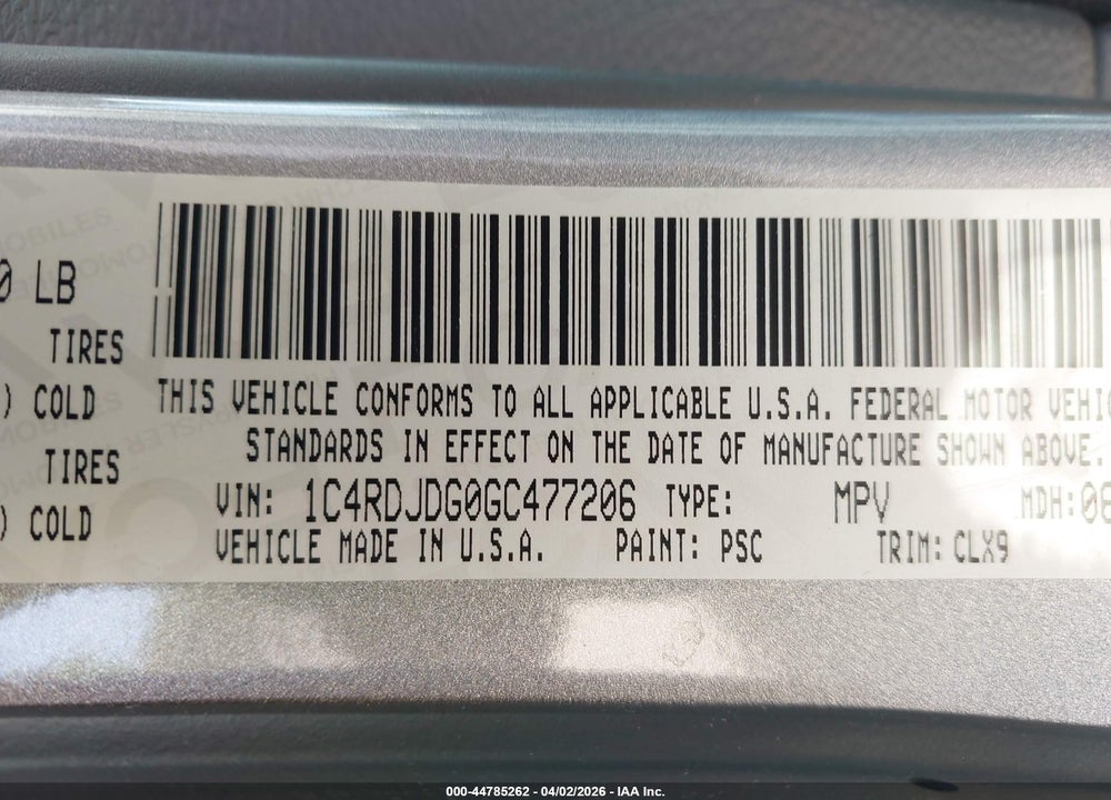 2016 DODGE DURANGO LIMITED VIN: 1C4RDJDG0GC477206