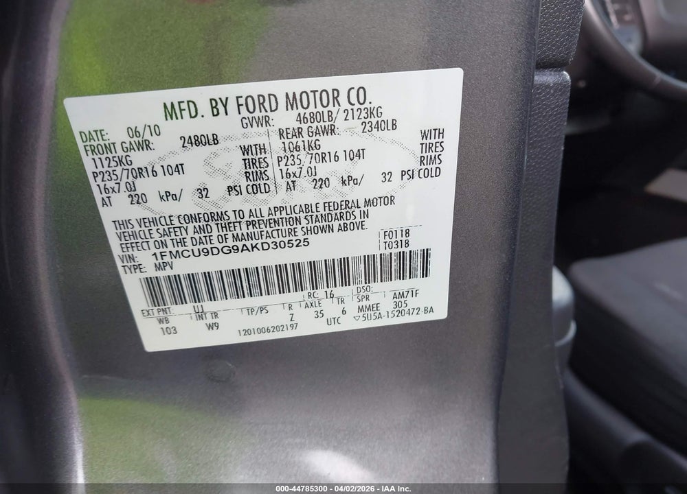 2010 FORD ESCAPE XLT VIN: 1FMCU9DG9AKD30525