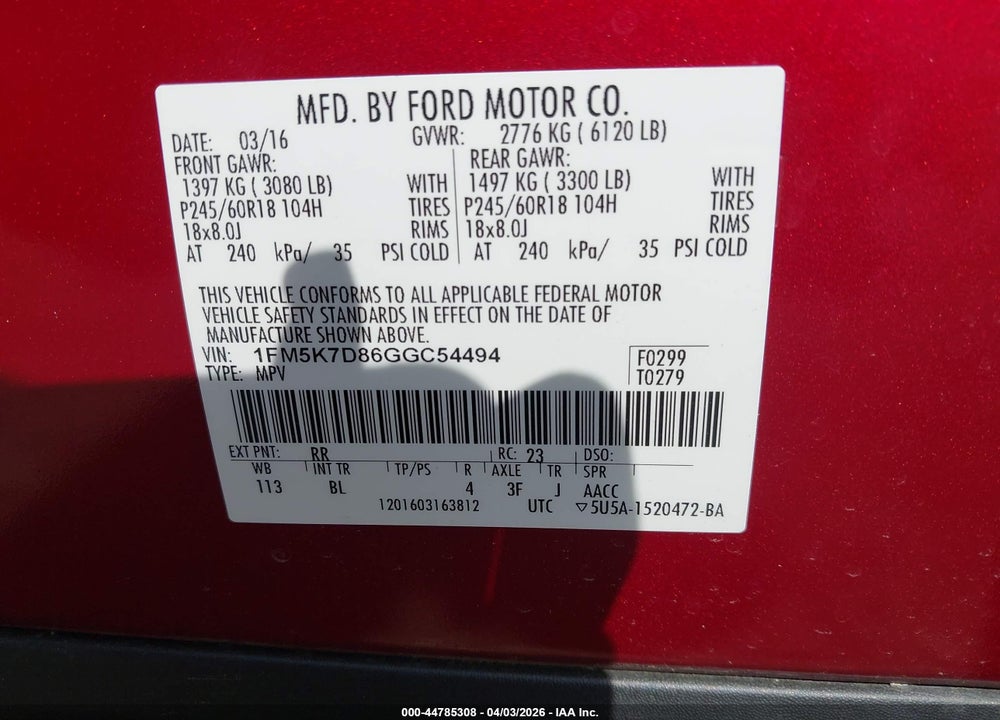 2016 FORD EXPLORER XLT VIN: 1FM5K7D86GGC54494