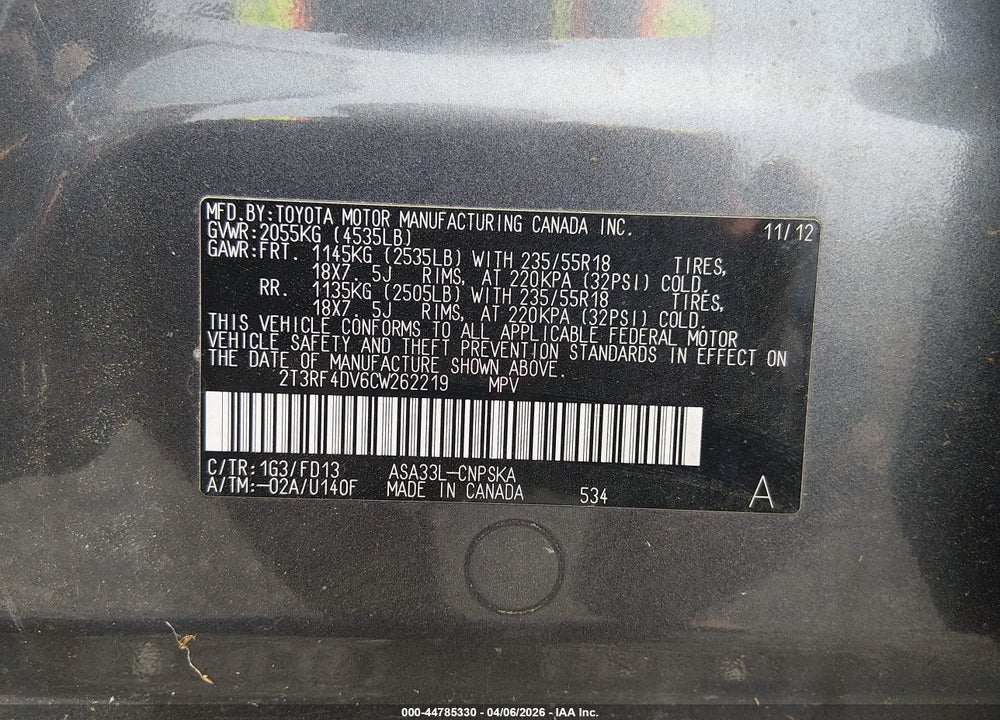 2012 TOYOTA RAV4 SPORT VIN: 2T3RF4DV6CW262219