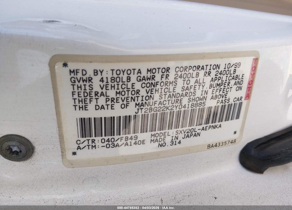 2000 TOYOTA CAMRY LE VIN: JT2BG22K2Y0418885