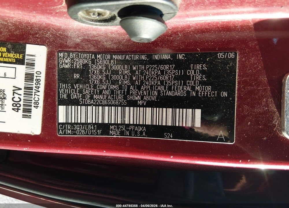2006 TOYOTA SIENNA XLE LIMITED VIN: 5TDBA22C86S068755