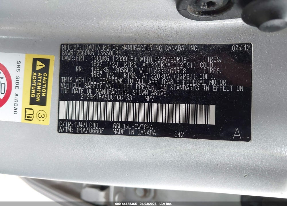 2013 LEXUS RX 350 VIN: 2T2BK1BA5DC166133