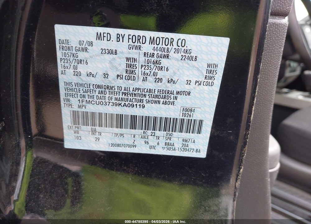 2009 FORD ESCAPE XLT VIN: 1FMCU03739KA09119