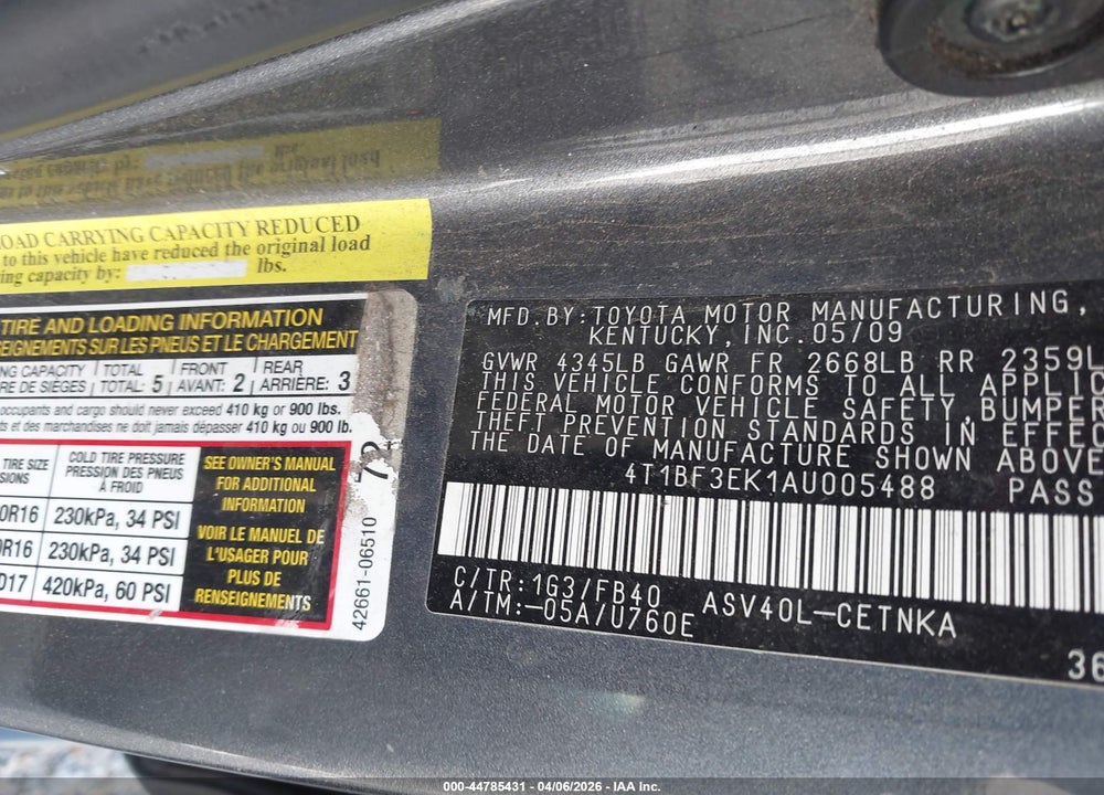 2010 TOYOTA CAMRY LE VIN: 4T1BF3EK1AU005488