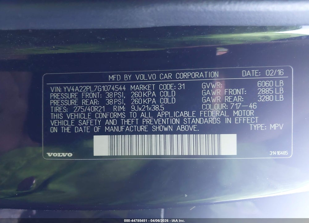 2016 VOLVO XC90 T6 INSCRIPTION VIN: YV4A22PL7G1074544