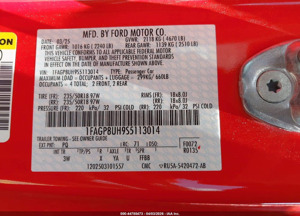 2025 FORD MUSTANG ECOBOOST PREMIUM VIN: 1FAGP8UH9S5113014