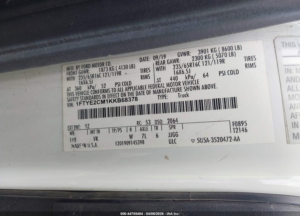 2019 FORD TRANSIT-150 VIN: 1FTYE2CM1KKB68378