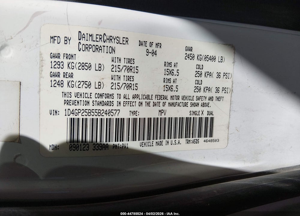 2005 DODGE CARAVAN SE VIN: 1D4GP25B55B240577