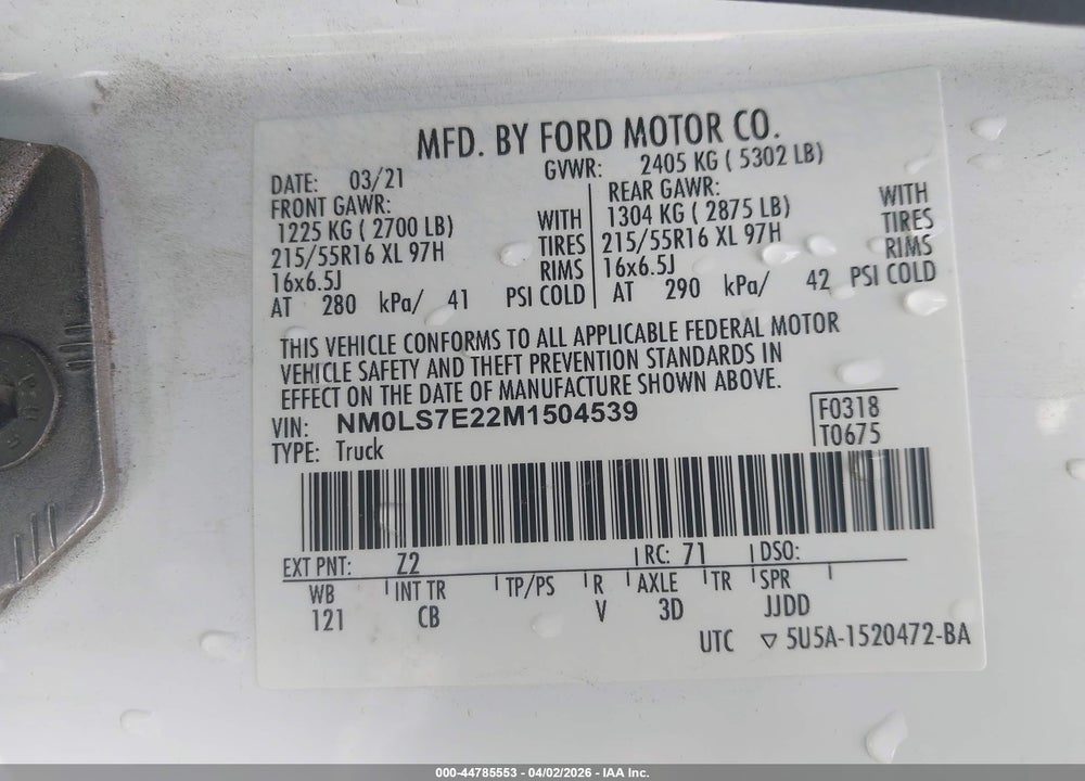 2021 FORD TRANSIT CONNECT XL VIN: NM0LS7E22M1504539