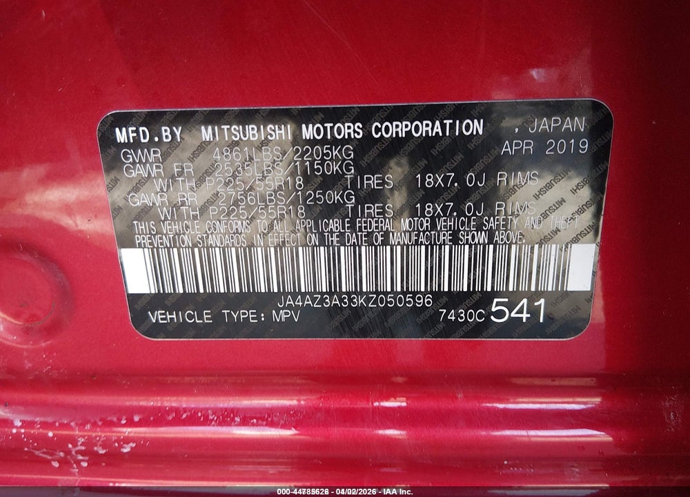 2019 MITSUBISHI OUTLANDER SE VIN: JA4AZ3A33KZ050596