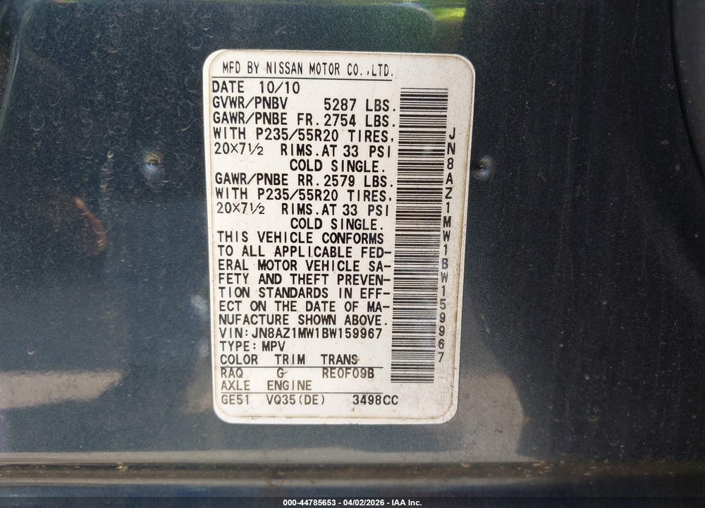 2011 NISSAN MURANO LE VIN: JN8AZ1MW1BW159967