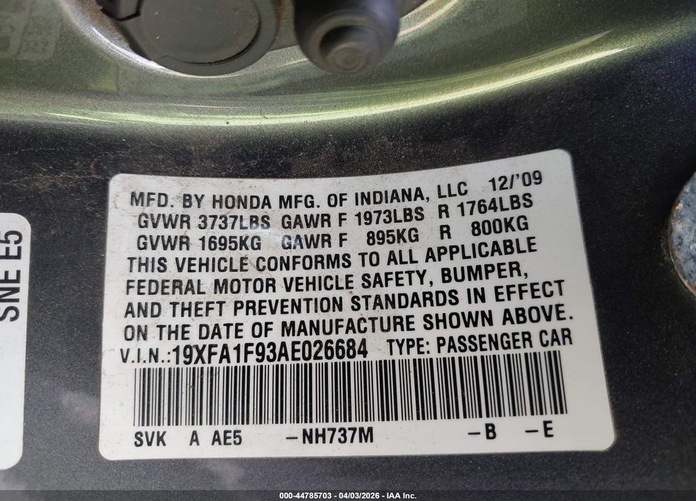 2010 HONDA CIVIC EX-L VIN: 19XFA1F93AE026684
