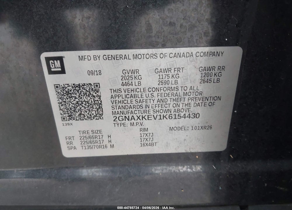 2019 CHEVROLET EQUINOX LT VIN: 2GNAXKEV1K6154430