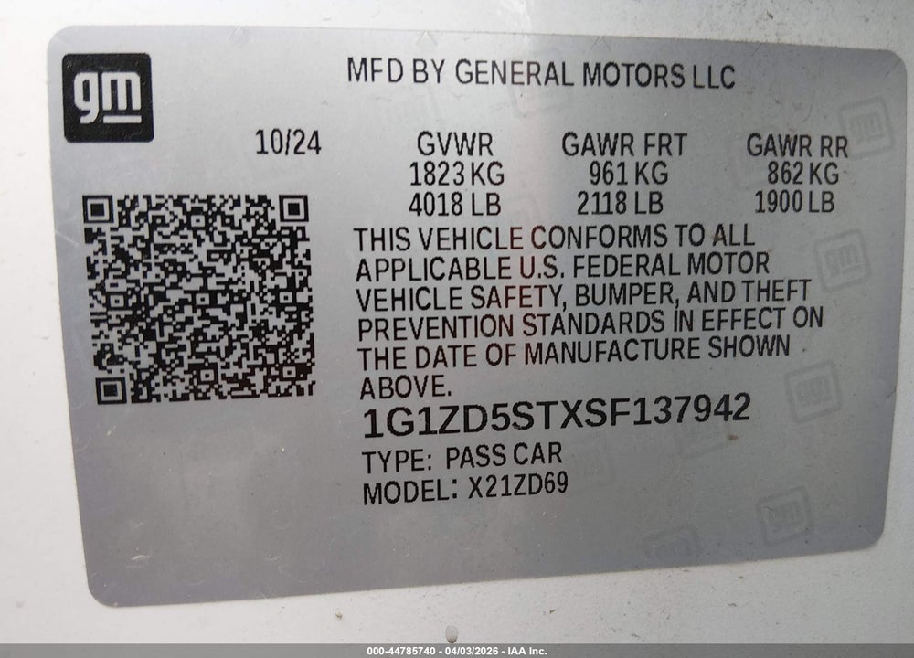 2025 CHEVROLET MALIBU FWD 1LT VIN: 1G1ZD5STXSF137942