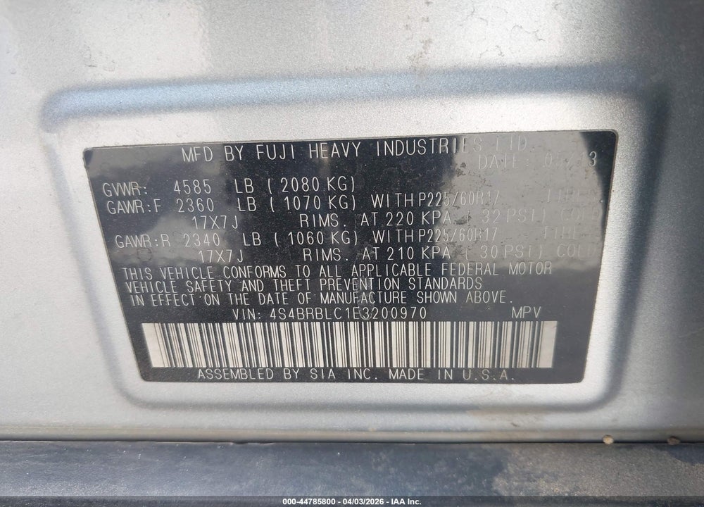 2014 SUBARU OUTBACK 2.5I LIMITED VIN: 4S4BRBLC1E3200970