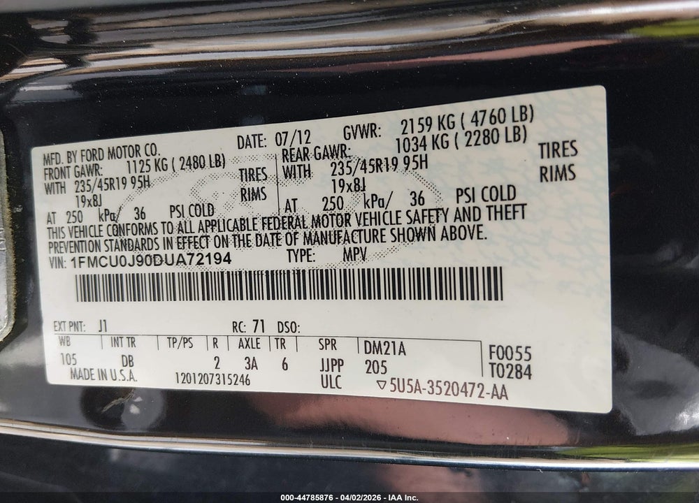 2013 FORD ESCAPE TITANIUM VIN: 1FMCU0J90DUA72194