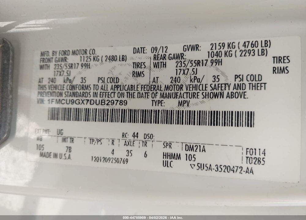 2013 FORD ESCAPE SE VIN: 1FMCU9GX7DUB29789