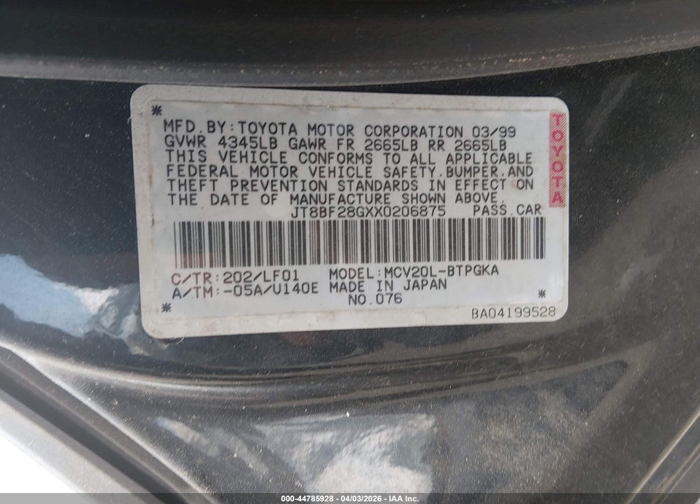 1999 LEXUS ES 300 VIN: JT8BF28GXX0206875