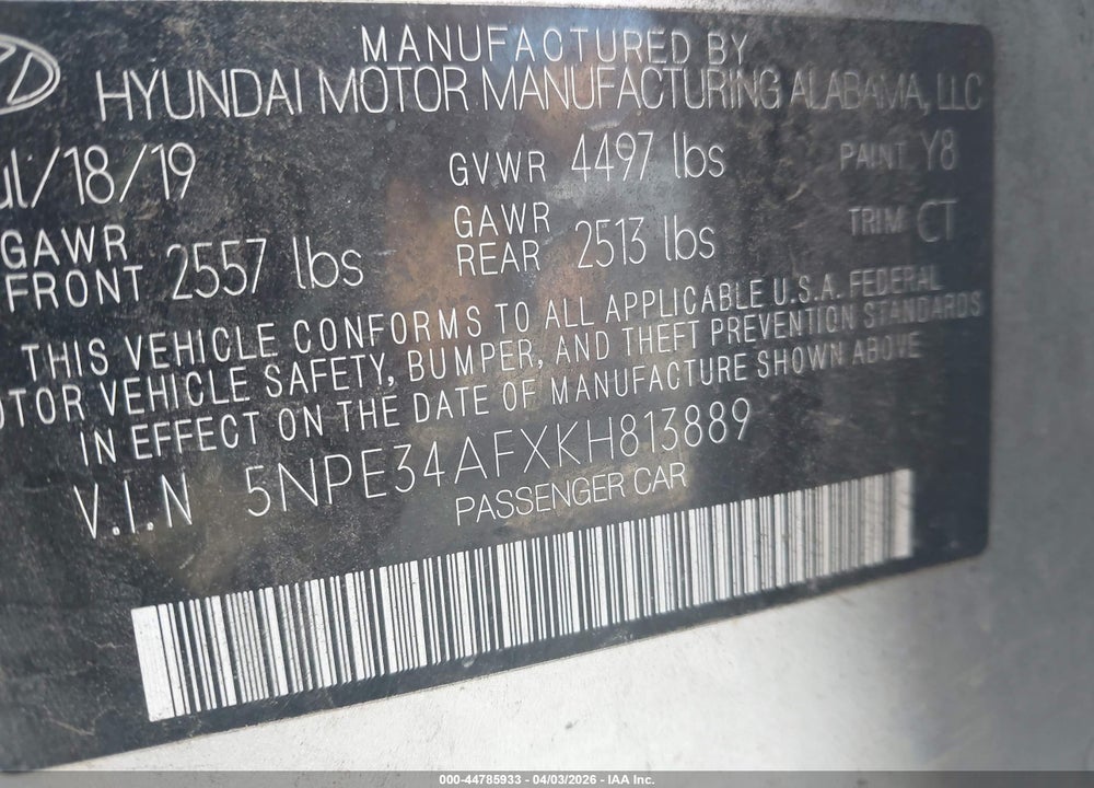 2019 HYUNDAI SONATA SPORT VIN: 5NPE34AFXKH813889