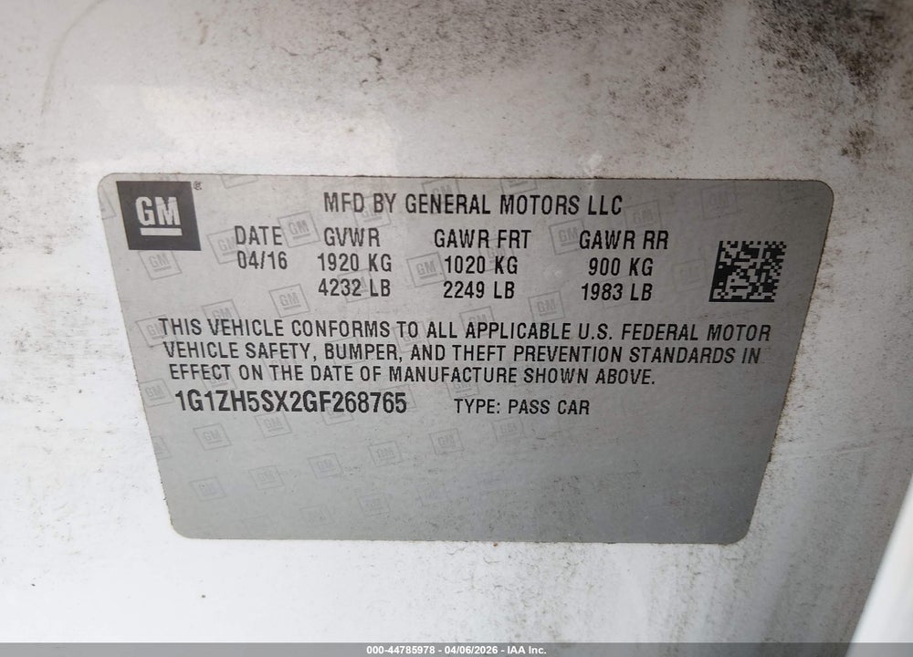 2016 CHEVROLET MALIBU PREMIER VIN: 1G1ZH5SX2GF268765