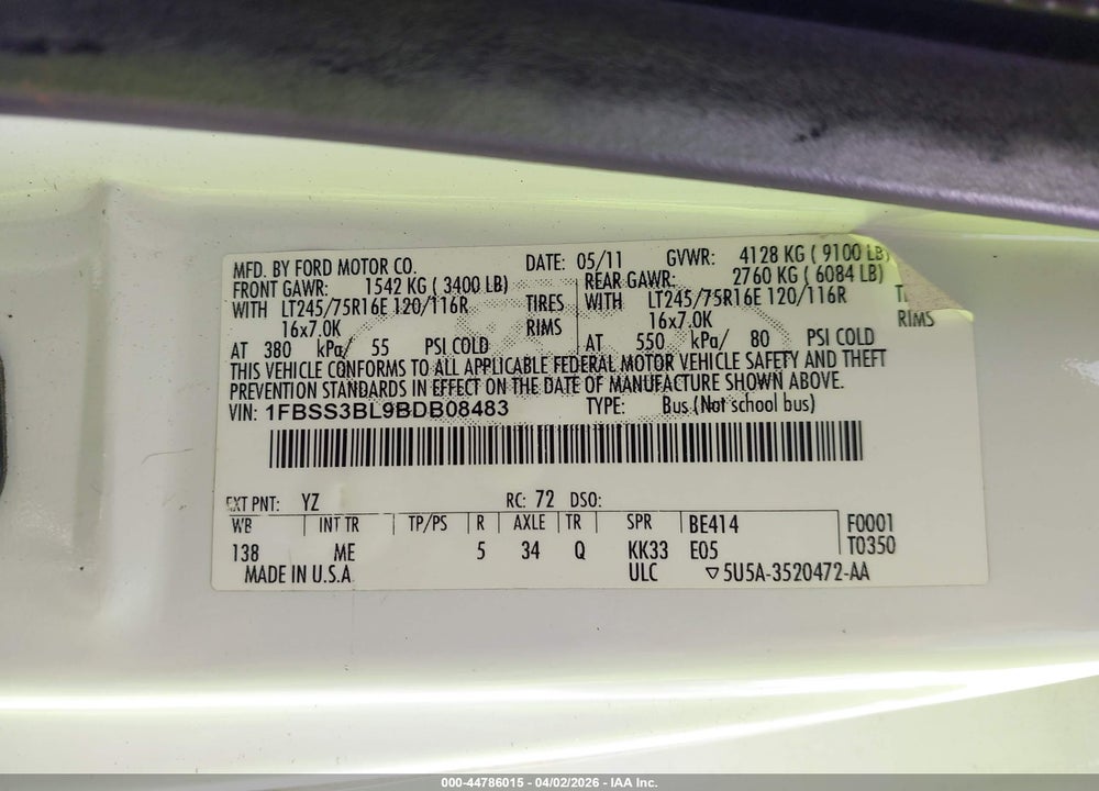 2011 FORD E-350 SUPER DUTY XLT VIN: 1FBSS3BL9BDB08483