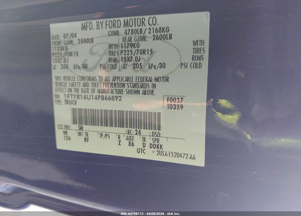 2004 FORD RANGER EDGE/TREMOR/XL/XLT VIN: 1FTYR14U14PB66892