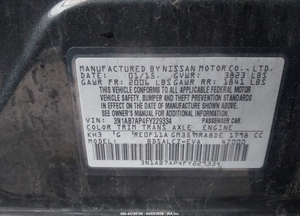 2015 NISSAN SENTRA S VIN: 3N1AB7AP4FY229334