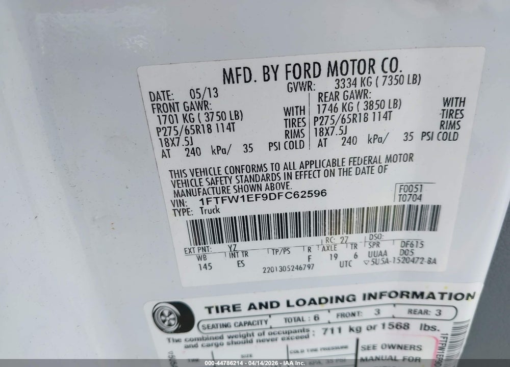 2013 FORD F-150 LARIAT VIN: 1FTFW1EF9DFC62596