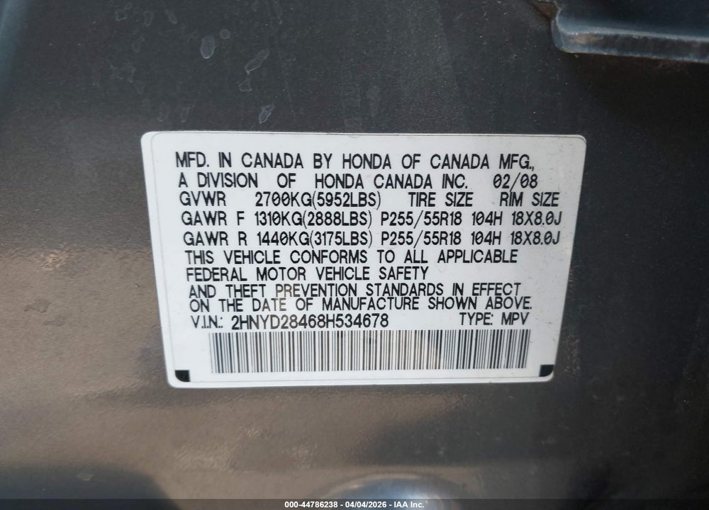 2008 ACURA MDX TECHNOLOGY PACKAGE VIN: 2HNYD28468H534678