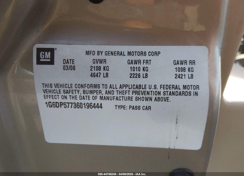 2006 CADILLAC CTS STANDARD VIN: 1G6DP577360196444