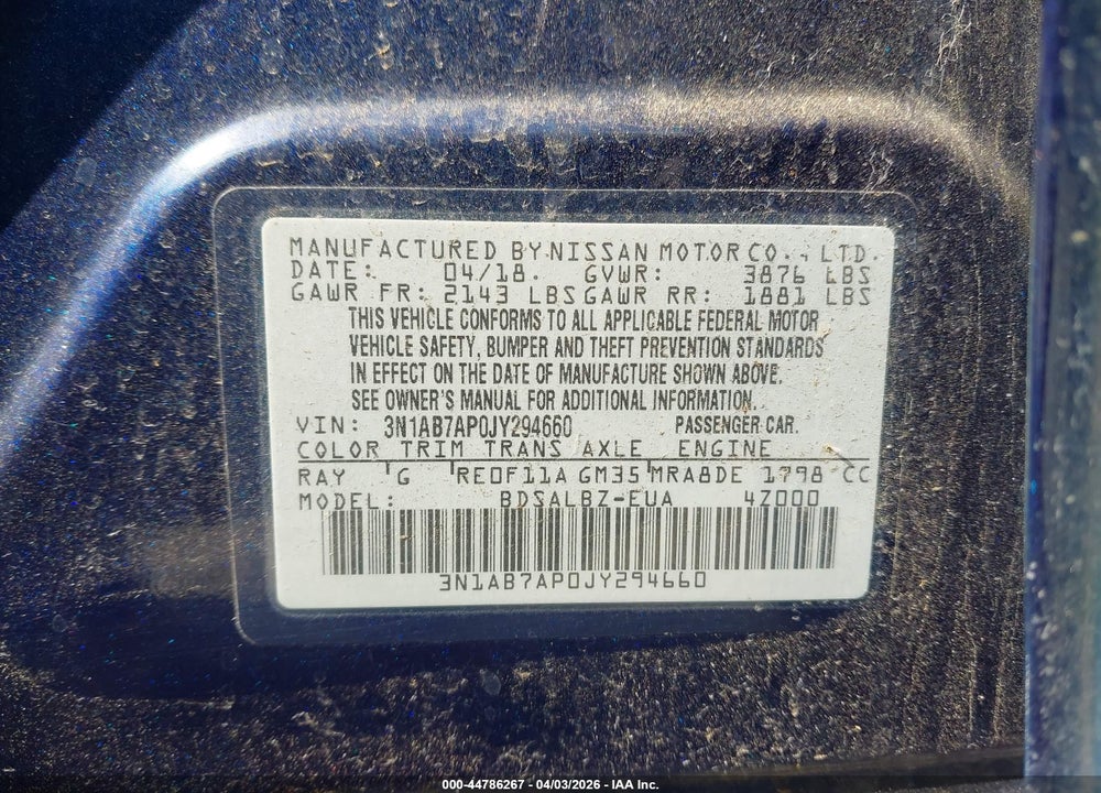 2018 NISSAN SENTRA S VIN: 3N1AB7AP0JY294660