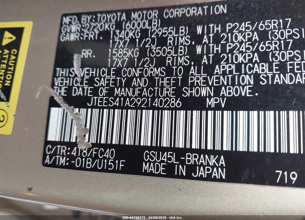 2009 TOYOTA HIGHLANDER VIN: JTEES41A292140286