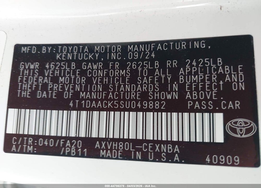 2025 TOYOTA CAMRY LE VIN: 4T1DAACK5SU049882