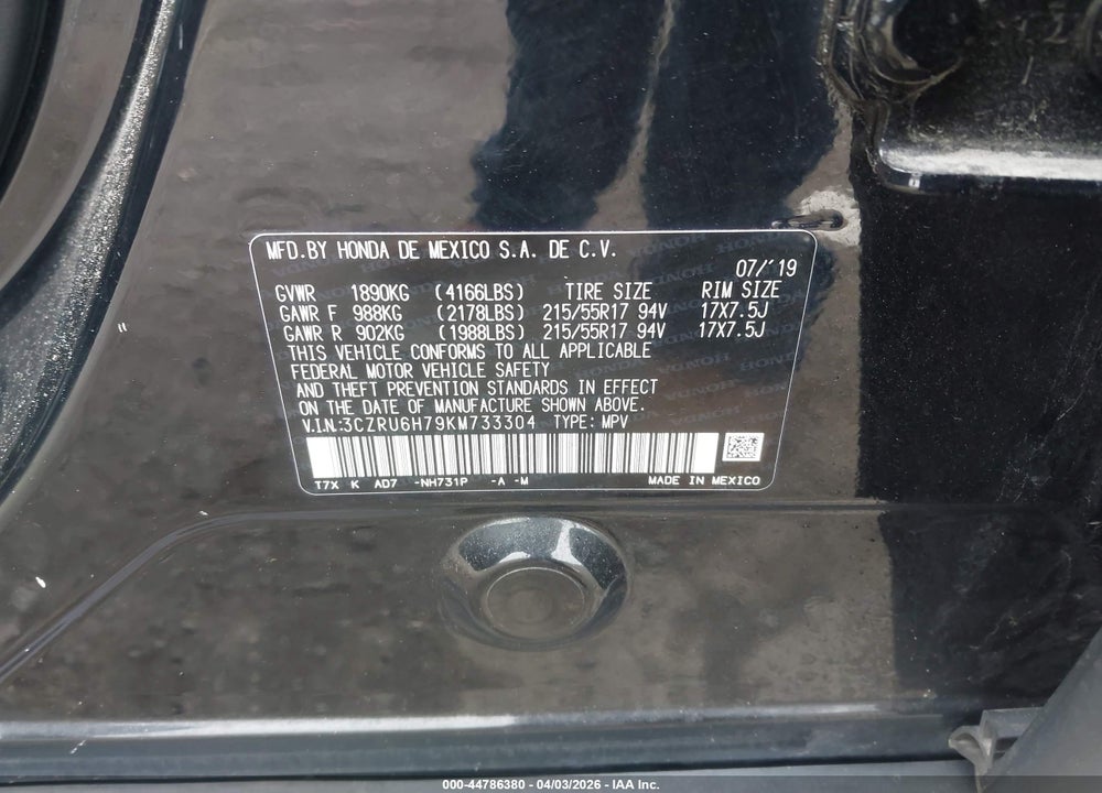 2019 HONDA HR-V EX-L VIN: 3CZRU6H79KM733304