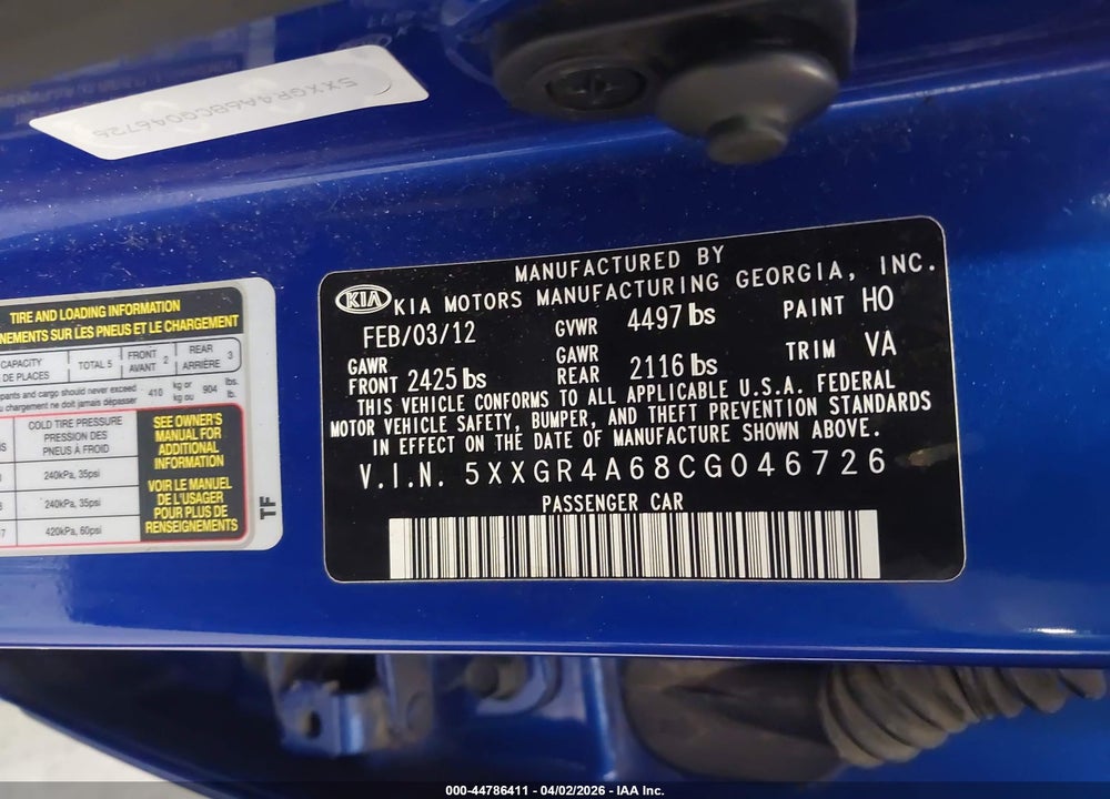 2012 KIA OPTIMA SX VIN: 5XXGR4A68CG046726