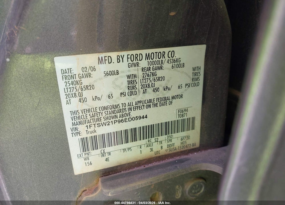 2006 FORD F-250 LARIAT/XL/XLT VIN: 1FTSW21P96ED05944