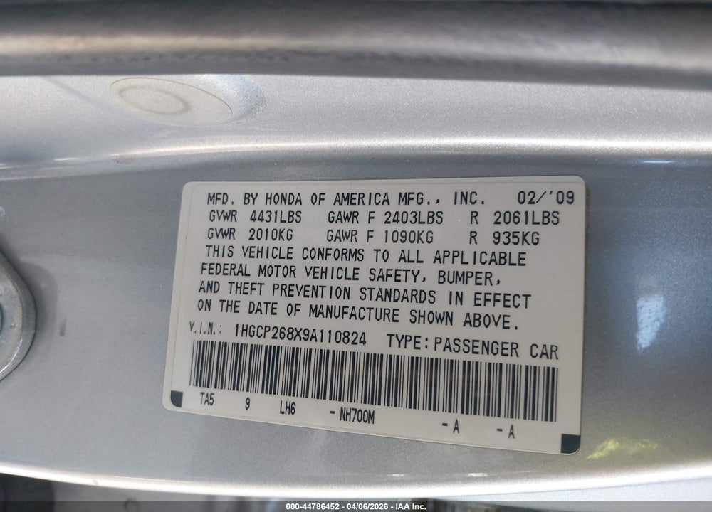 2009 HONDA ACCORD 2.4 EX-L VIN: 1HGCP268X9A110824