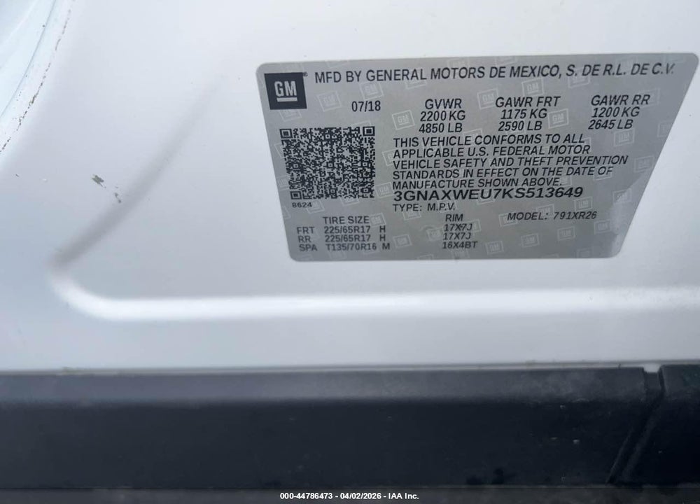 2019 CHEVROLET EQUINOX LT VIN: 3GNAXWEU7KS513649