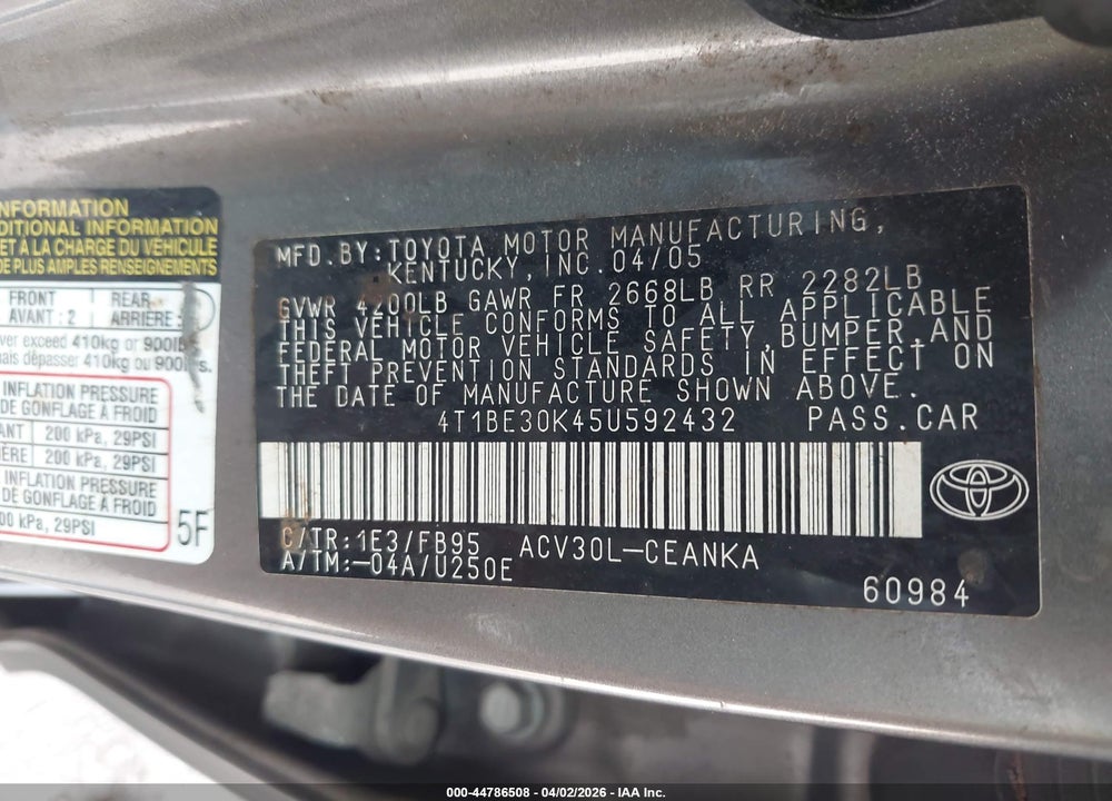 2005 TOYOTA CAMRY LE VIN: 4T1BE30K45U592432
