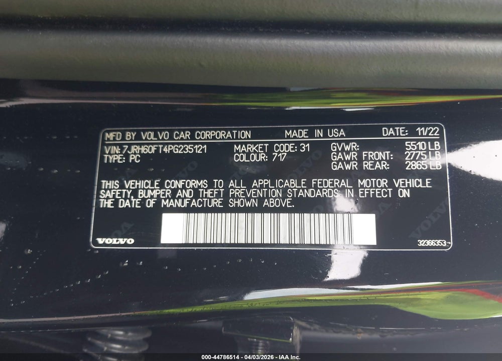 2023 VOLVO S60 RECHARGE PLUG-IN HYBRID T8 PLUS BLACK EDITION VIN: 7JRH60FT4PG235121