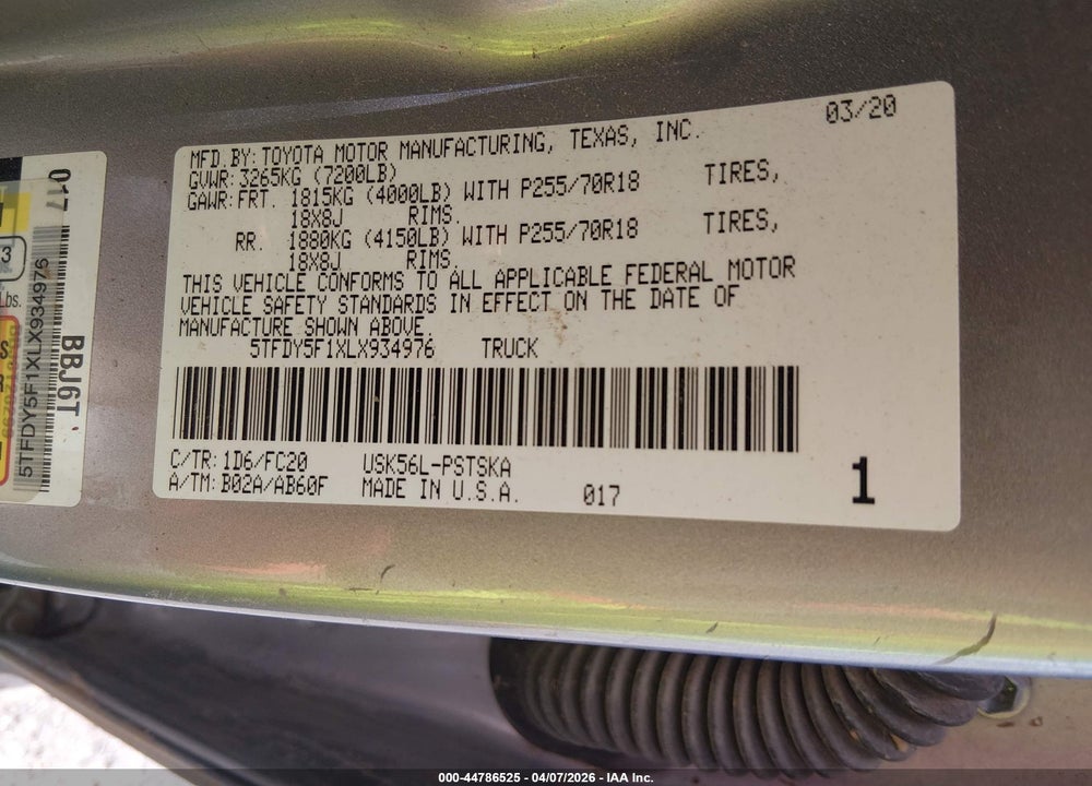 2020 TOYOTA TUNDRA SR5 VIN: 5TFDY5F1XLX934976