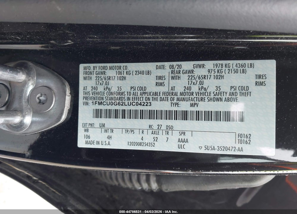 2020 FORD ESCAPE SE VIN: 1FMCU0G62LUC04223