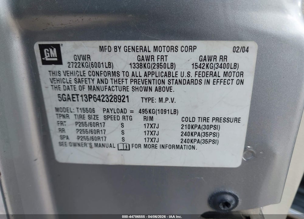 2004 BUICK RAINIER CXL PLUS VIN: 5GAET13P642328921