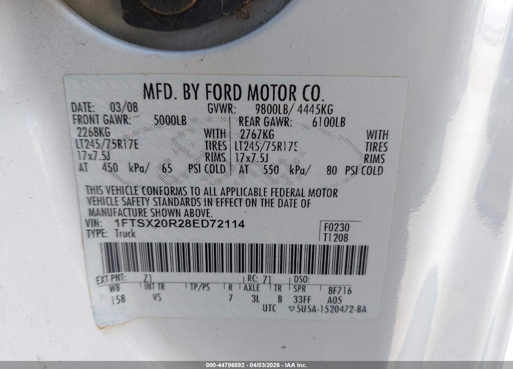 2008 FORD F-250 LARIAT/XL/XLT VIN: 1FTSX20R28ED72114