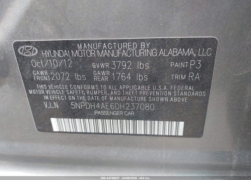 2013 HYUNDAI ELANTRA GLS VIN: 5NPDH4AE6DH237080
