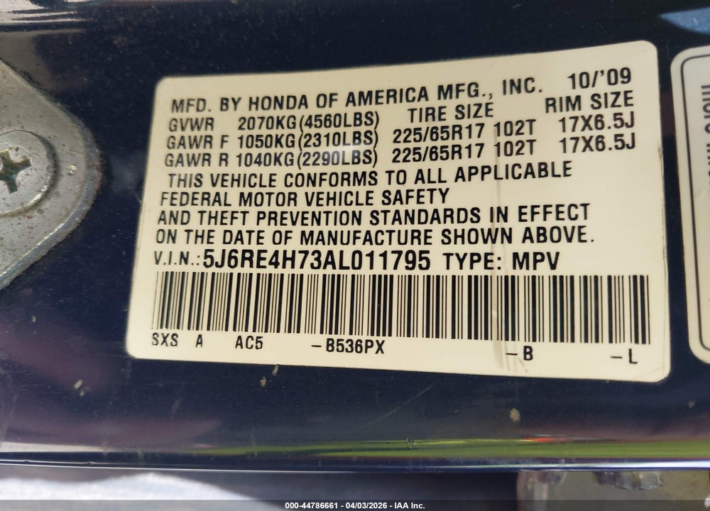 2010 HONDA CR-V EX-L VIN: 5J6RE4H73AL011795