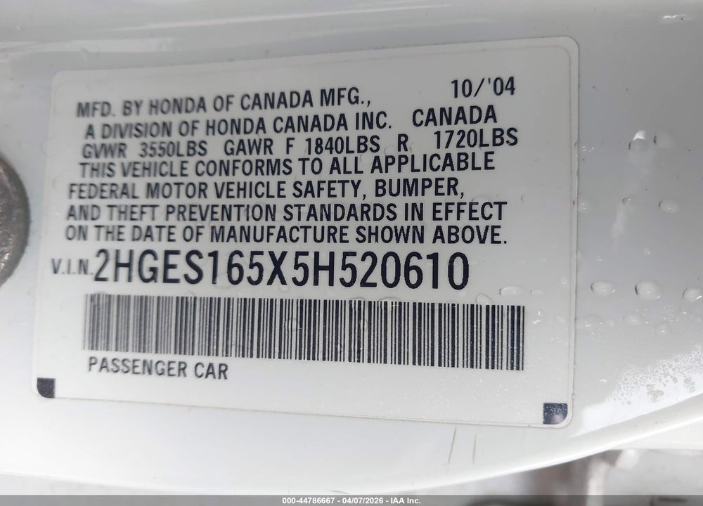 2005 HONDA CIVIC LX VIN: 2HGES165X5H520610
