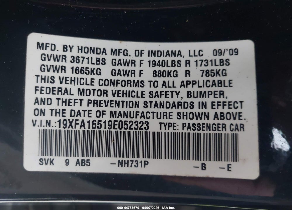 2009 HONDA CIVIC LX VIN: 19XFA16519E052323