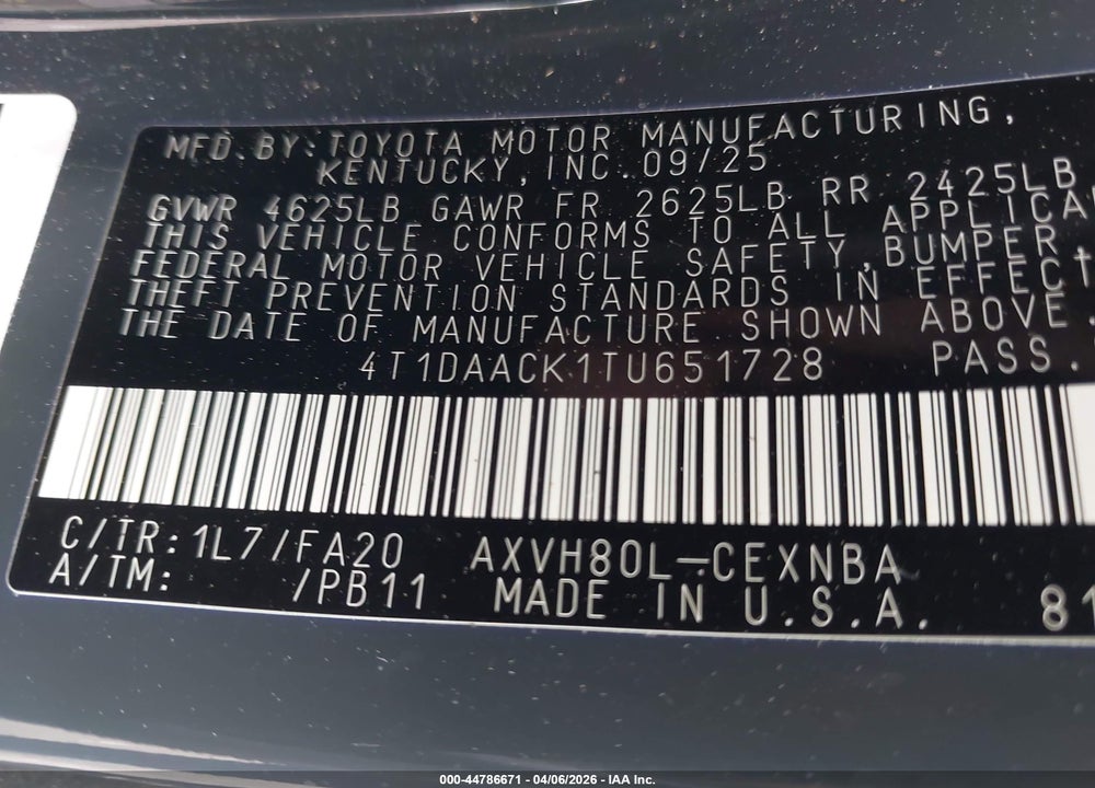 2026 TOYOTA CAMRY LE VIN: 4T1DAACK1TU651728